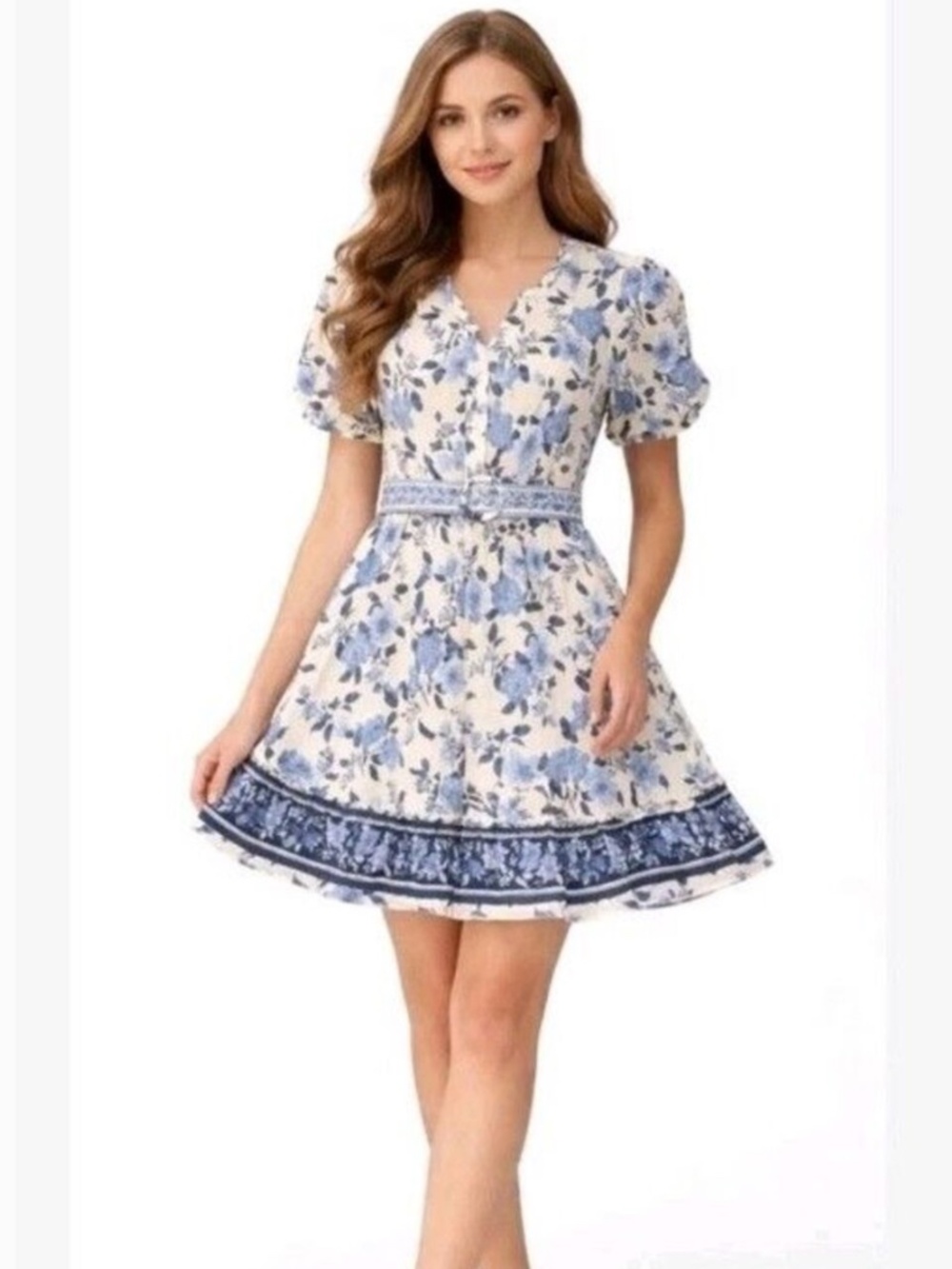 Joie Blue White Floral Mini Dress, 8,  Cotton Fit Flare Pockets Belt Puff Sleeve